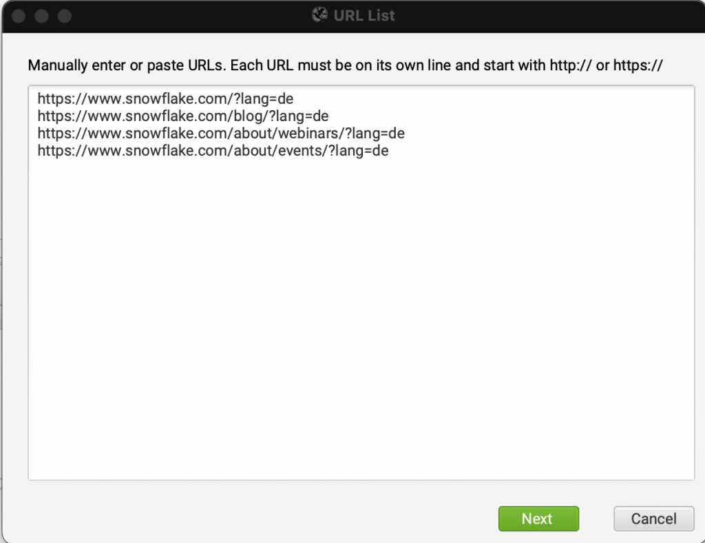 Screenshot of a List Mode crawl URL upload screen in Screaming Frog