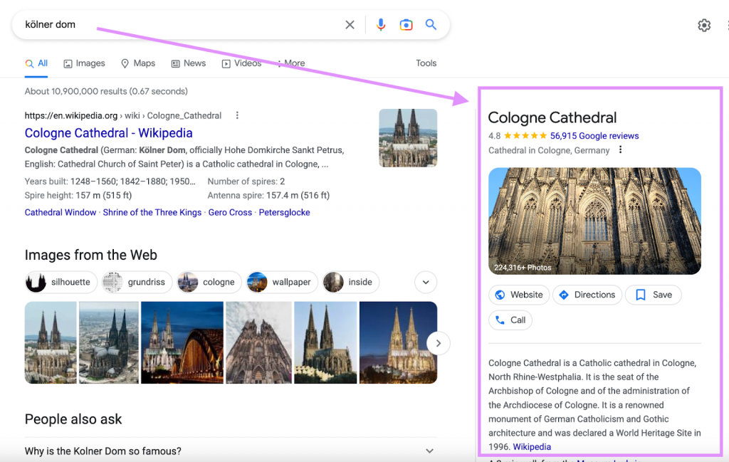 Screenshot of a Knowledge Panel featuring the Cologne Cathedral showing in the Google Search results