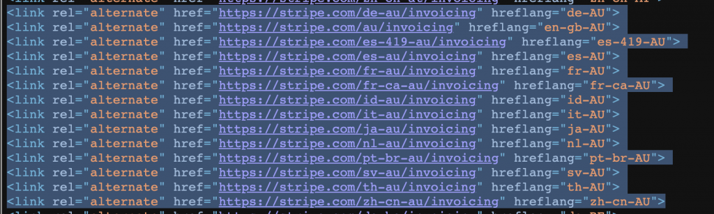 Screenshot of HTML source for stripe.com, showing hreflang tags for Australian website