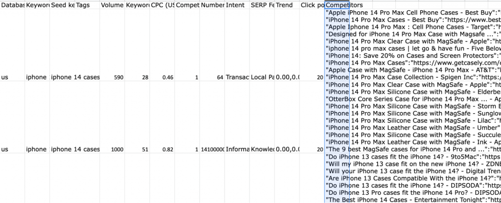 Screenshot of an exported xlsx file from Semrush Keyword Manager, highlighting the "Competitors" column.