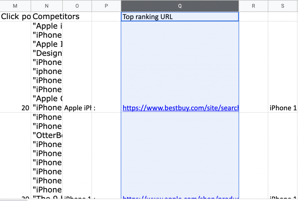 Screenshot of an exported xlsx file from Semrush Keyword Manager, highlighting a column containing "Top ranking URL" data.