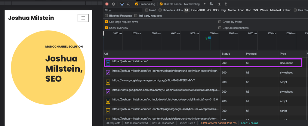 Screenshot of the Network Panel in Chrome Dev Tools, outlining the first result in the list, the index.html file for the webpage.