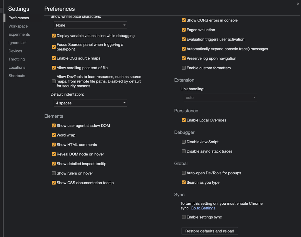 Screenshot of the Settings panel in Chrome Dev Tools.