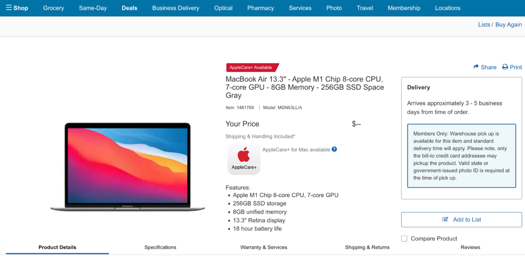 Screenshot of a Costco Product Detail Page with JavaScript disabled