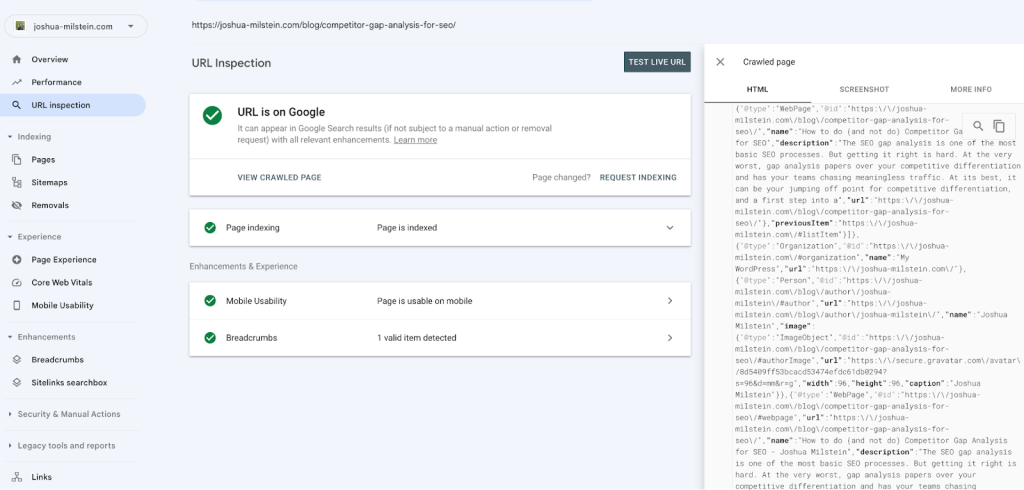 Screenshot of the URL Inspection Tool within the Google Search Console